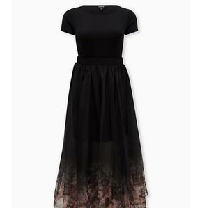BLACK FLORAL SCUBA ORGANZA CONVERTIBLE SKATER DRES